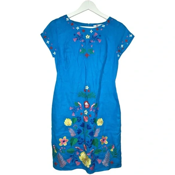 Boden Laura Linen Blue Lagoon Shift Dress Floral Embroidered Size 2R - Picture 4 of 16